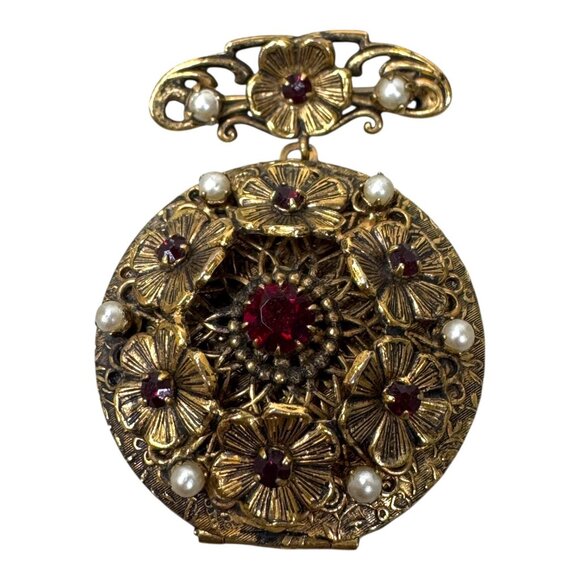 Antique Original By Robert Brooch Locket Ruby Red Rhinestone Floral Faux Pearls - Picture 2 of 8